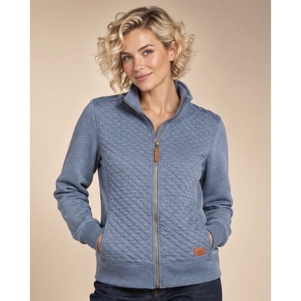 LL Bean Womens Medium Petite Blue Quilted Front Full Zip Mock Neck Sweatshirt